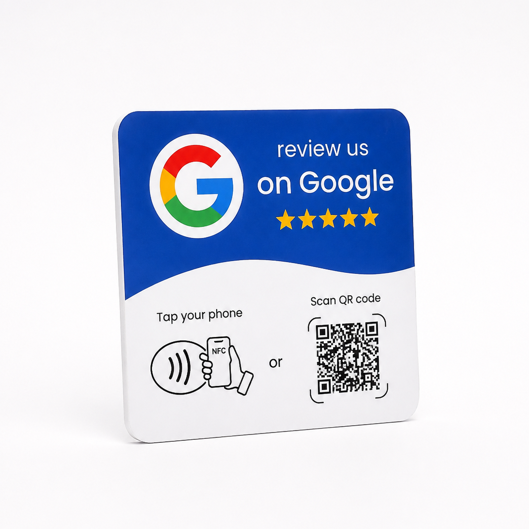 A square Google review card with a blue top section reading 'review us on Google' and five stars, plus a white bottom section with instructions to tap your phone or scan QR code, shown on a clean white background.